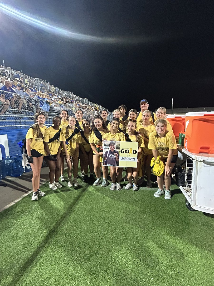 GHSTrainers's tweet photo. A special night as #GISDGoesGold to recognize students that have/had childhood cancer. This will always be a meaningful event as we remember one of our student athletic trainers Madelyn. We are always grateful for the time we were able to spend with her. #MGS💙🩶💛 https://t.co/3P6y4bMPr2