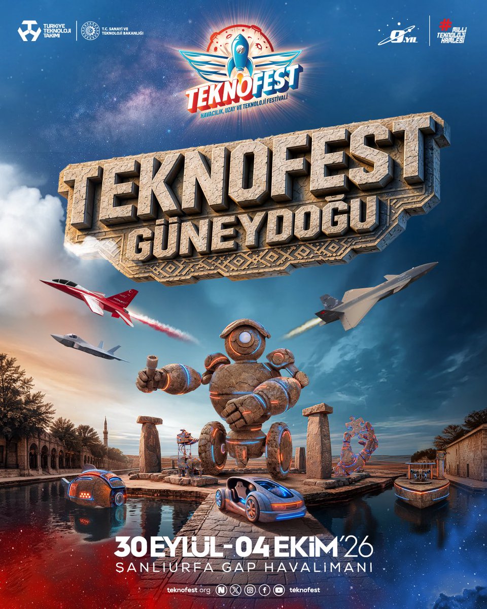 hrumedya's tweet photo. Tarihin Sıfır Noktasından Geleceğe:
TEKNOFEST Güneydoğu, Şanlıurfa’da!

Dünyanın en büyük Havacılık, Uzay ve Teknoloji Festivali TEKNOFEST, 2026 yılında binlerce yıllık tarihi ve köklü medeniyet mirasıyla öne çıkan Şanlıurfa’da düzenlenecek. 
30 Eylül - 4 Ekim tarihleri arasında GAP Havalimanı’nda gerçekleşecek TEKNOFEST Güneydoğu, bilimi ve
teknolojiyi tarihin sıfır noktası Şanlıurfa’da milyonlarla buluşturacak.

Türkiye Teknoloji Takımı Vakfı (T3 Vakfı) ve T.C. Sanayi ve Teknoloji Bakanlığı ana yürütücülüğünde, Türkiye’nin önde gelen teknoloji şirketleri, kamu, medya kuruluşları ve üniversitelerin destekleriyle 2018 yılından bu yana 14 kez düzenlenen ve katılımın ücretsiz olduğu TEKNOFEST; her yaştan milyonları aynı heyecan ve ortak bir gelecek hayalinde buluşturarak, teknoloji ve inovasyon tutkusunu Türkiye’nin dört bir yanına taşıdı. 2026 yılında ise TEKNOFEST Güneydoğu; gençlerin hayallerini, tarihin sıfır noktasından geleceğin teknolojilerine taşıyacak.

Sen de TEKNOFEST’e gel, bu büyük heyecana ortak ol!
Detaylı bilgi için: https://t.co/vwU9PIjDje