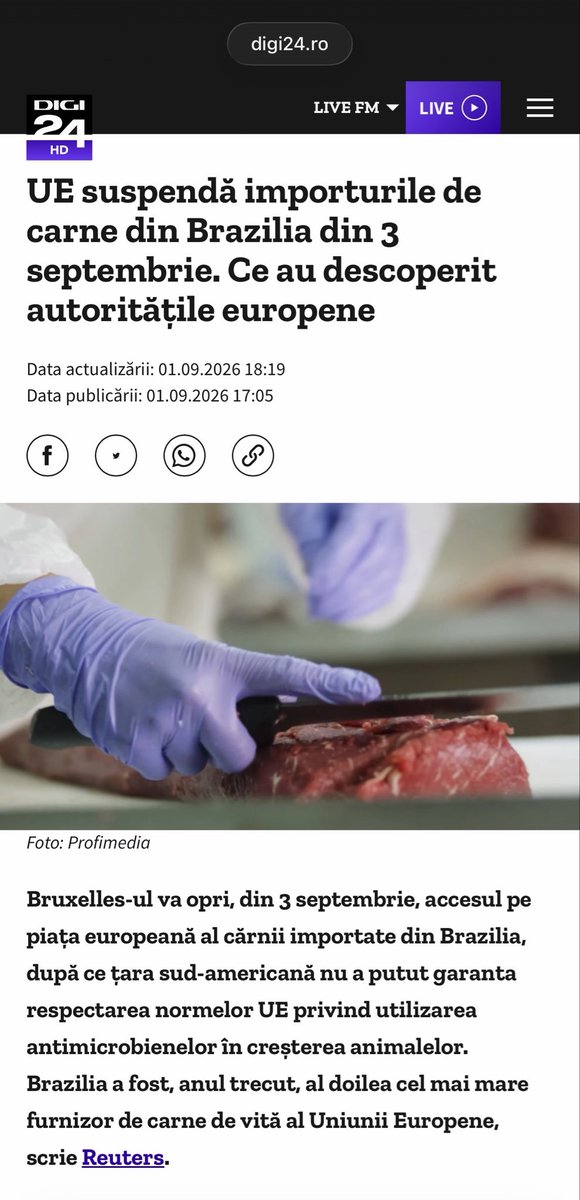 dasitudeobere's tweet photo. Ne-au făcut și atunci în toate felurile: proști, inculți, mincinoși.

Dar analiza și reacția noastră au fost juste a mia oară:
MERCOSUR este o mizerie care bate cuiul în coșciugul agriculturii europene și al sănătății cetățenilor. 

🔥Vă dați seama ce nenorociri sunt în carnea aia dacă au riscat să se facă de căcat și să confirme toate acuzațiile oprind importurile. 
Vă mai dați seama și ce boli sunt în celelalte produse care mai bifează de ochii soacrei câte o condiție și sunt lăsate să ajungă în farfuriile europenilor. 

UE este un pericol uriaș pentru Europa. 
Practic, e cel mai mare dușman al nostru

Partea bună este că din ce în cei mai mulți înțeleg asta. 

Partea rea este că, atât timp cât votul nu mai contează și presa și justiția sunt capturate...degeaba cer cetățenii desființarea UE și înlocuirea cu un acord economic extins fără componentă politică.