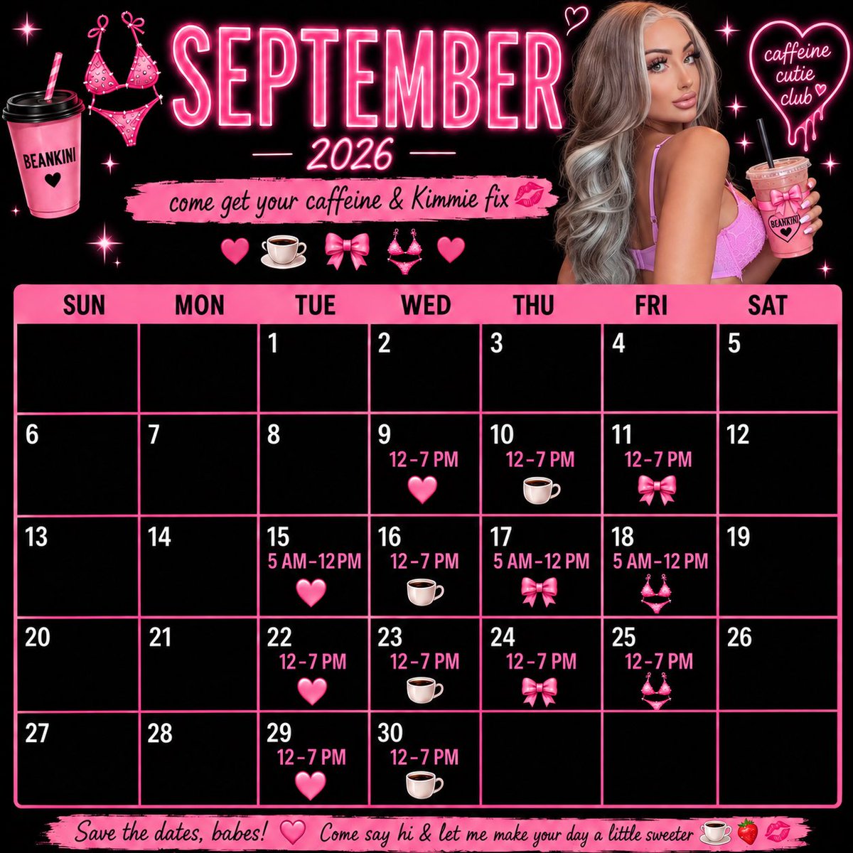 ThatBarbieVIP's tweet photo. September schedule is up 💕☕️ Come get your caffeine + Kimmie fix 💋

Catch me throughout the month—save the dates &amp; come say hi 🩷🎀

📍 Beankini
💗IG @thatbarbiekimmie

#BikiniBarista #bikinicoffee #CoffeeGirl #PNWBarista #blonde #fyp https://t.co/jNdDfEEhvt
