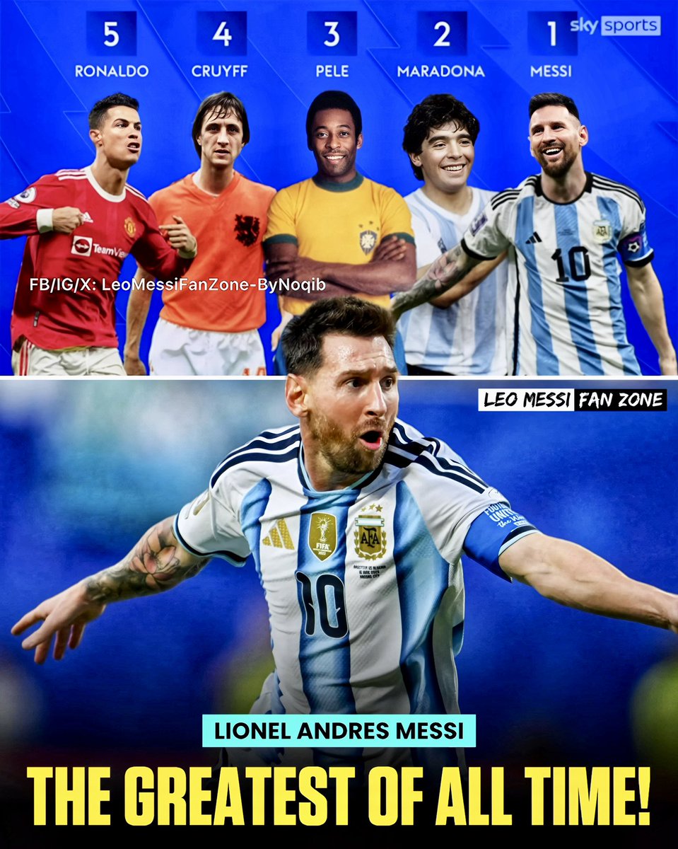 LeoMessiFanZone's tweet photo. 🚨BREAKING NEWS: Leo Messi is named as the greatest footballer of all time — Sky Sports News! ✅

Here is the top 5 of all time: 

🇦🇷 1st — Lionel Messi 
🇦🇷 2nd — Diego Maradona
🇧🇷 3rd — Pele 
🇳��� 4th — Johan Cruyff
🇵🇹 5th — Cristiano Ronaldo 

All of them played World Cup final & won Golden Ball award — except Cristiano Ronaldo! 😳🥶

Congratulations to Messi for being the GOAT! 🇦🇷🐐