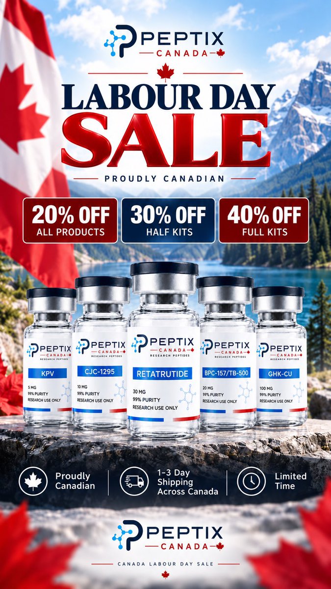 ArdRix1's tweet photo. 🇨🇦 LABOUR DAY SALE IS LIVE 🇨🇦

Peptix Canada’s biggest sale of the weekend:

🔥 20% OFF all products
🔥 30% OFF half kits
🔥 40% OFF full kits

✅ Proudly Canadian
📦 1–3 day shipping across Canada
🧪 Third-party tested batches
⏳ Limited-time pricing

Available while supplies last.

Peptix Canada 🇨🇦
Research use only.