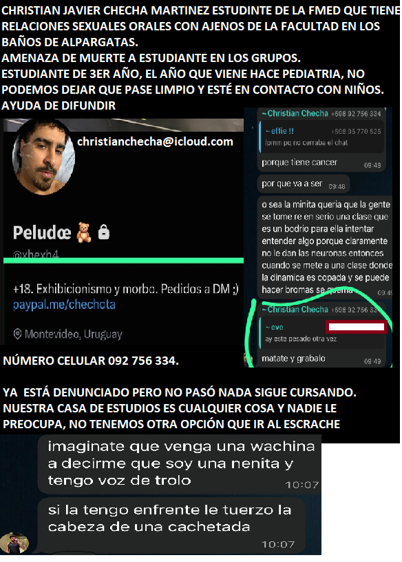 Itziaricy's tweet photo. @glowingskn @_apolita_ @juanig1891 Exacto!! son un peligro potencial, el que saca fotos ahora esta en contacto con niños, y el que tiene relaciones el año que viene cursa pediatria y en la udelar NADIE HACE NADA, no le sacan la calidad de estudiante, por eso nomas queda la funa con nombre, datos y rostro https://t.co/ZN6shc5WLV