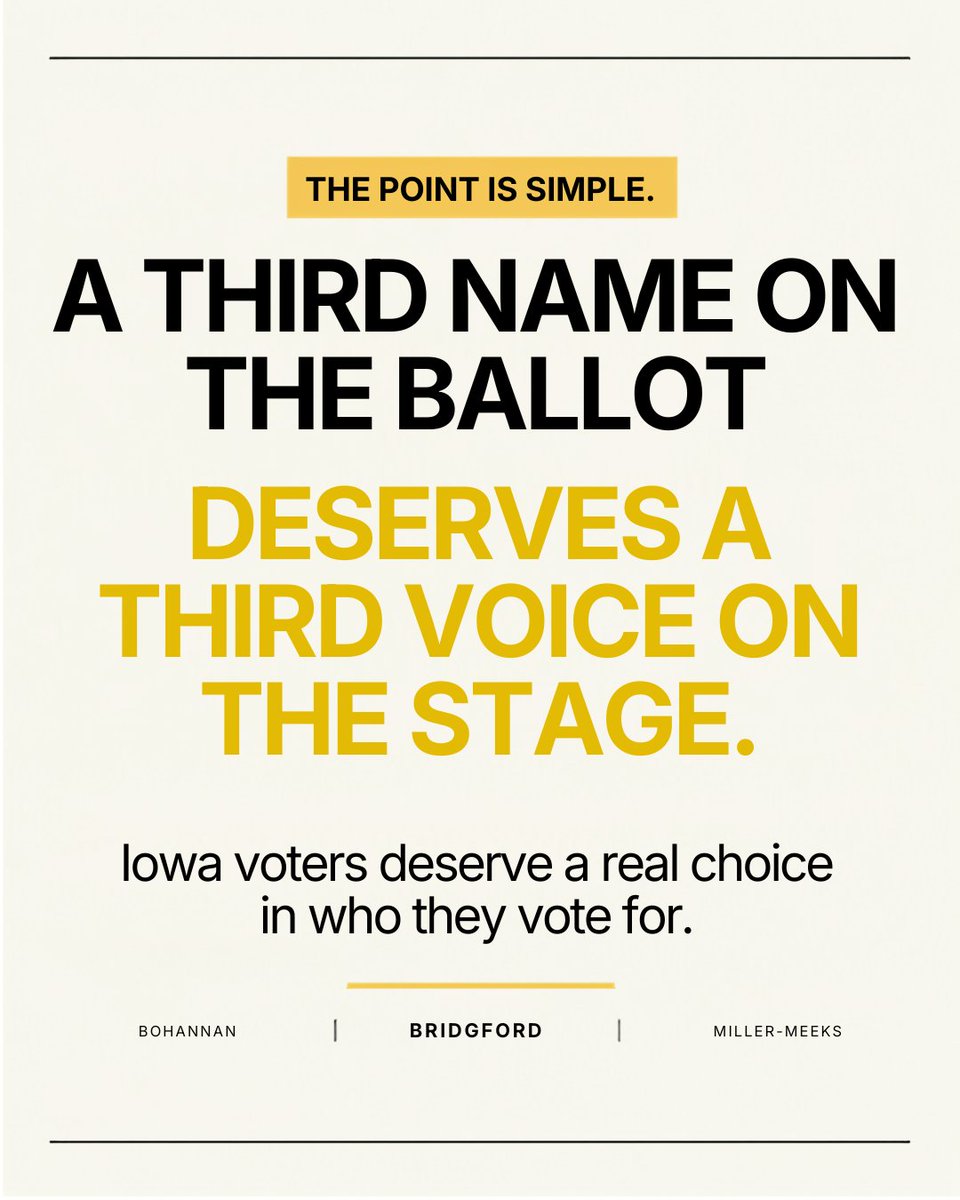 Independent_LC's tweet photo. Three candidates are running to represent Iowa’s 1st Congressional District, and only one has agreed to a debate:

Independent candidate Michael Bridgford.

We’ve heard the two-party matchup before. This time, we deserve to hear the Independent voice too.
#election2026 #ilc https://t.co/LphCqES5pg