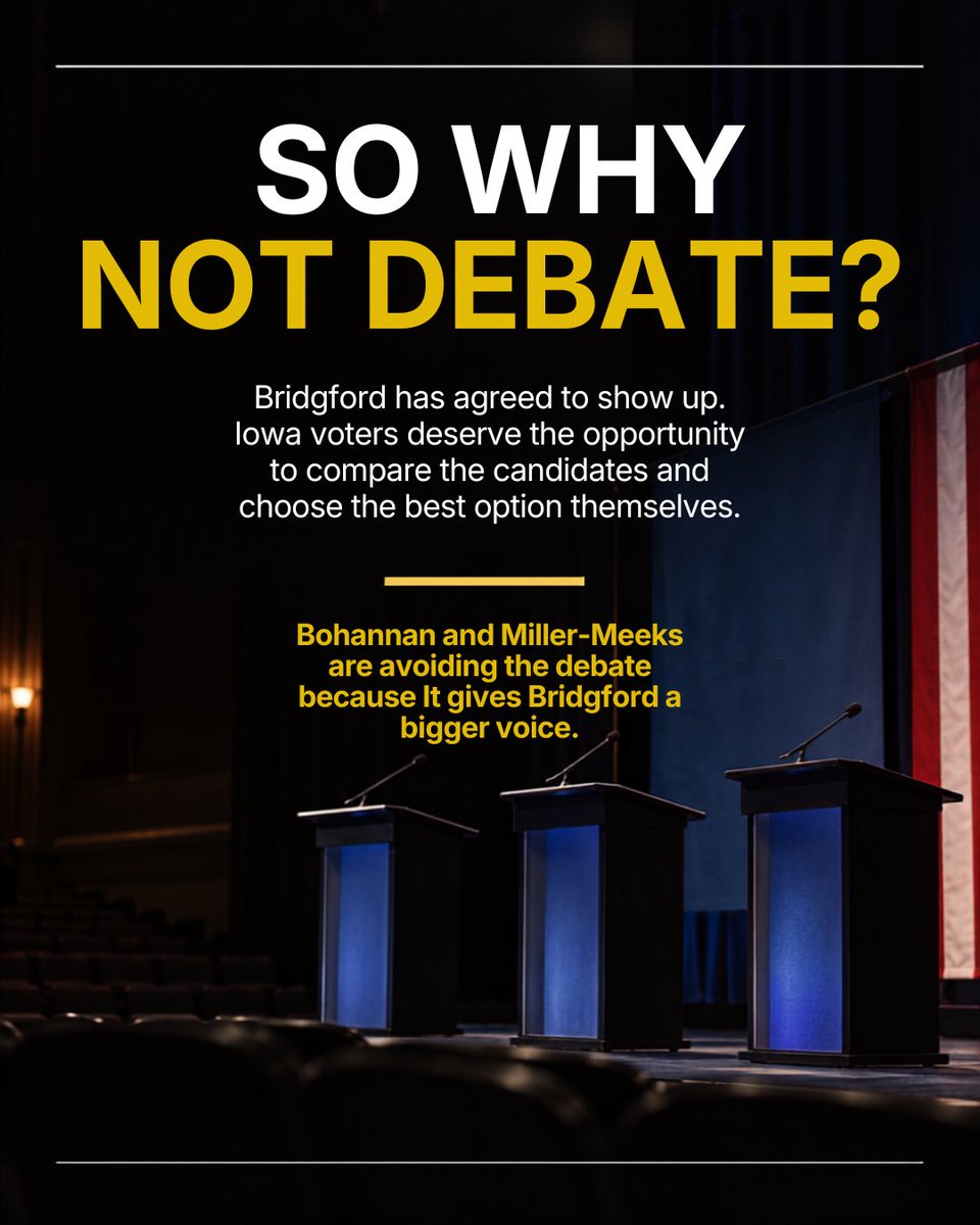 Independent_LC's tweet photo. Three candidates are running to represent Iowa’s 1st Congressional District, and only one has agreed to a debate:

Independent candidate Michael Bridgford.

We’ve heard the two-party matchup before. This time, we deserve to hear the Independent voice too.
#election2026 #ilc https://t.co/LphCqES5pg