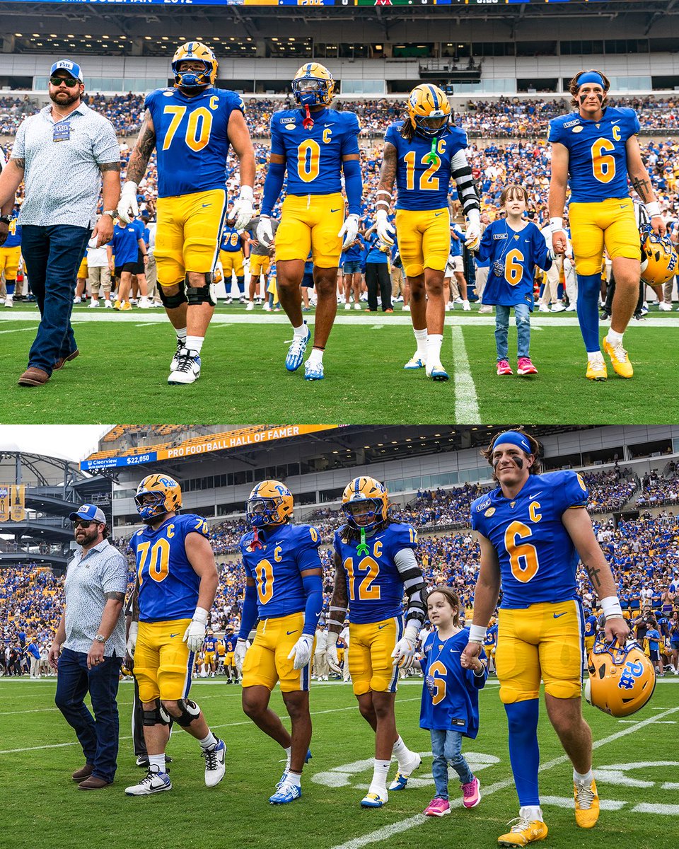 Pitt_ATHLETICS's tweet photo. Today’s Junior Captain is Sloane!

Thanks for spending gameday with us 💙💛

And shoutout to our Honorary Captain, John Malecki 🗣️ https://t.co/Fh3DJmLHst