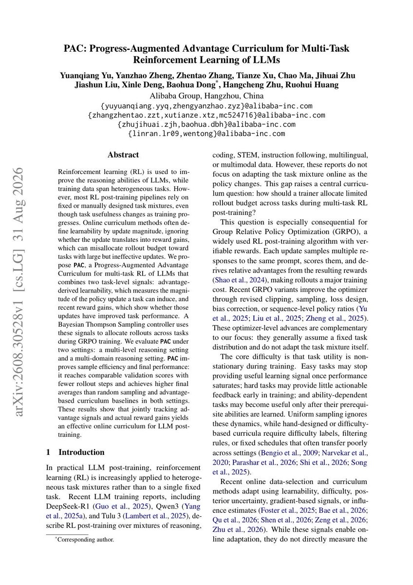 gurtej__gill_'s tweet photo. I’ve been digging through this new Alibaba paper on Multi-Task RL Post-Training, and their core thesis hits on something that has bugged me about the current pipelines for a while.

We burn absurd amounts of compute on rollouts during GRPO, yet we still feed the model fixed, static task mixtures. 

A lot of curriculum setups try to fix this by prioritizing tasks with large policy updates, but anyone running these knows a big update doesn't equal real progress.

It’s often just gradient thrashing.

What I really like about their framework, PAC, is how pragmatically they rein that in. 

Instead of trusting update magnitude in a vacuum, they use Thompson Sampling to balance Advantage-Derived Learnability directly against verified reward gains. 

If a task isn’t actually making the policy better at reasoning, the controller stops pouring precious rollout budget into it.

The validation gains and sample efficiency improvements they show on reasoning benchmarks make a strong case. 

I feel its a super useful paper & its definitely worth a close read if you're wrestling with post-training costs: https://t.co/Bl5QZFwk97