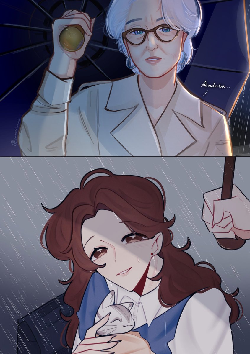 seraphiicmuse's tweet photo. #mirandy | collab w/ @annestrap !! Oh my goodness this is amazing 😿 Andy’s messy hair in the rain and eepy kitty MY HEART 🩷🤧 https://t.co/D1AGRyLCBa