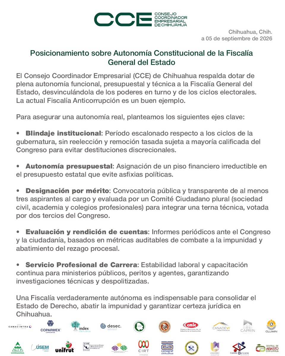 CceChihuahua's tweet photo. Posicionamiento del CCE Chihuahua sobre autonomía constitucional de la Fiscalía General del Estado. https://t.co/Yd5nxd954Z