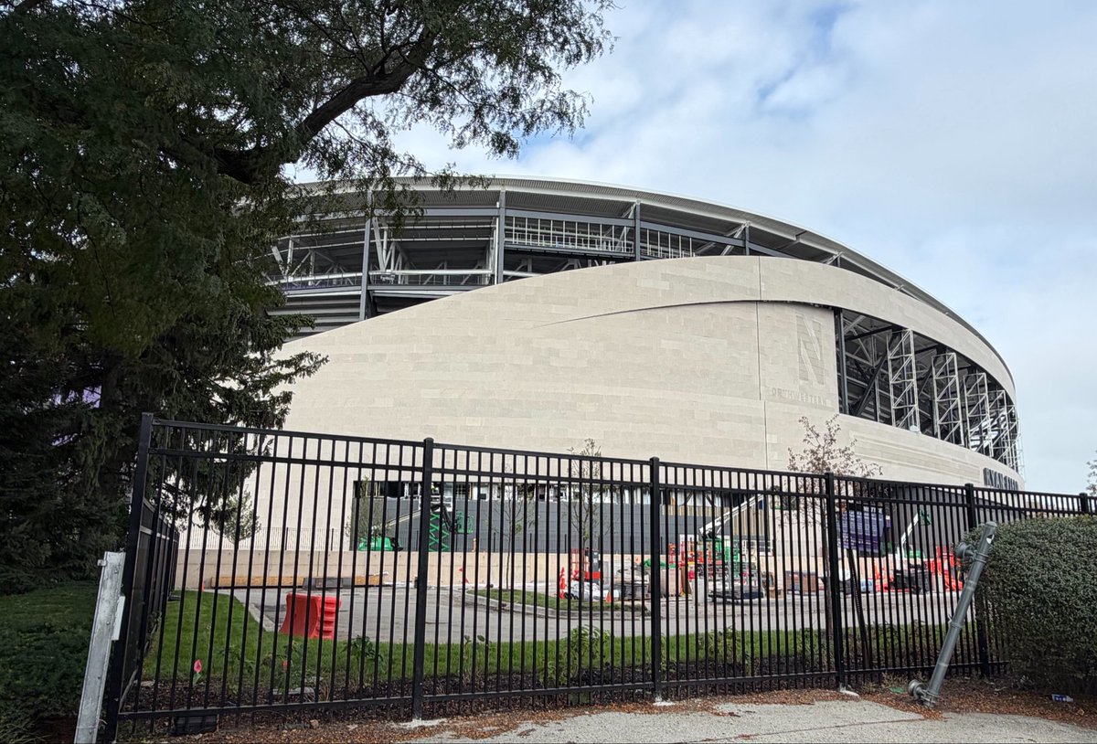 NUFBRecruiting's tweet photo. Drove by @NewRyanField  this morning, and it was a sea of activity with construction workers everywhere putting on the finishing touches. What a truly spectacular stadium - photos simply don’t do it justice. 😳

So much gratitude to Pat Ryan and the entire Ryan family for their incredible generosity and commitment to Northwestern. What they’ve helped create is something very special. 🙏

Can’t wait to watch my first game at the new home of @NUFBFamily. 🔥🔥🔥

Go ’Cats! 💜🏈 🏟️