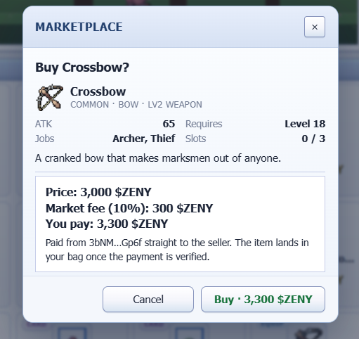 0xZale's tweet photo. Grinding in @IdleROGame has me checking the marketplace constantly 😄 Just spotted this Crossbow for 3,300  ZENY! The weapon needs Level 18 and gives 65 ATK definitely tempting for an Archer build. #IdleRO https://t.co/kLRlgJTfMf