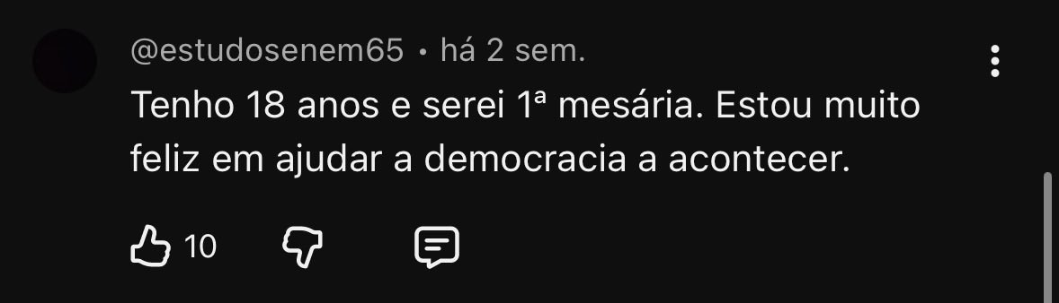 igoraugustho's tweet photo. fui convocado pra ser mesário, daí tem uns treinamentos e vídeos que tem que ver etc etc 

fui ver os comentários no youtube e achei fofo, descobri que tem pessoas que amam ser mesárias, é tipo um clube achei mto fofo https://t.co/awNE05f9J4