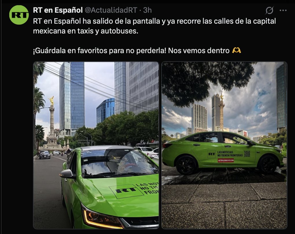 DoliaEstevez's tweet photo. La CDMX vuelve a abrir las puertas a la cadena estatal rusa RT, herramienta política que ha demostrada ser un instrumento para justificar la guerra genocida de Putin contra la población ucraniana. A diferencia de la mayoría de los países occidentales, donde RT está prohibida, en México ha encontrado  terreno fértil entre las huestes de la 4t. Clara Brugada debe decir cuanto le pagó el Kremlin para permitir a RT pintarrajear taxis y estaciones con su logotipo.