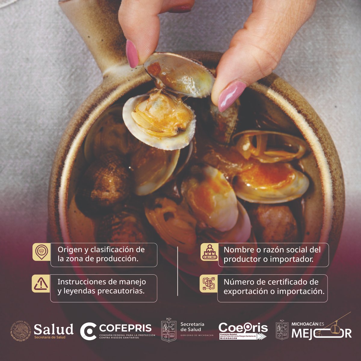 CoeprisM's tweet photo. #MoluscosBivalvos como #ostiones, 🐚 #almejas, #mejillones y #callodehacha requieren control sanitario.
Al consumirse crudos o con poca cocción y filtrar grandes volúmenes de agua, pueden acumular contaminantes peligrosos.
#CofeprisCuidaTuSalud https://t.co/b9pmo4PLZI