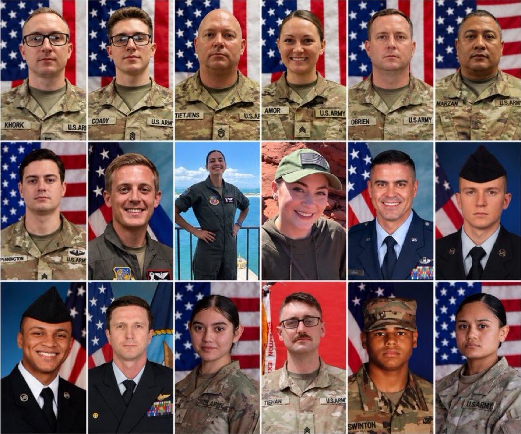 mjfree's tweet photo. These 18 American Patriots paid the ultimate price for Donald Trump’s War-of-Choice. 

He called their death “small potatoes.” https://t.co/dc8s6Pz6T5