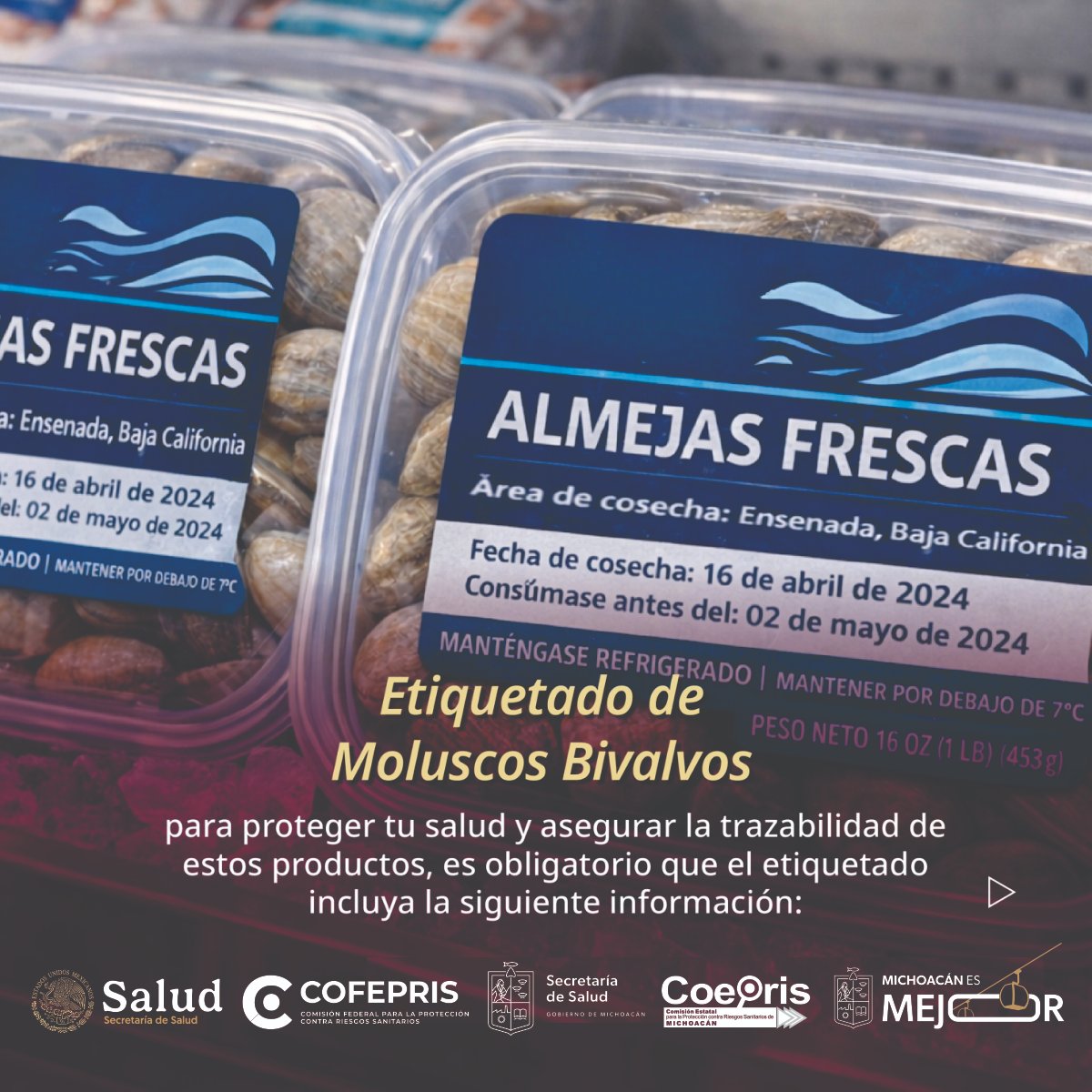 CoeprisM's tweet photo. #MoluscosBivalvos como #ostiones, 🐚 #almejas, #mejillones y #callodehacha requieren control sanitario.
Al consumirse crudos o con poca cocción y filtrar grandes volúmenes de agua, pueden acumular contaminantes peligrosos.
#CofeprisCuidaTuSalud https://t.co/b9pmo4PLZI