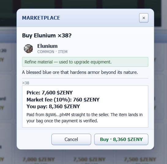 Greceein96's tweet photo. Honestly, paying 8,360 ZENY for 38 Elunium feels pretty steep. 😅 The 10% market fee hurts too. I get that it’s used to upgrade equipment, but at this price, I’d rather farm the materials myself. @IdleROGame https://t.co/Yc98SQJdiD
