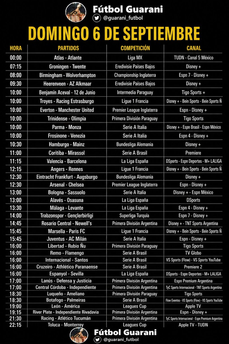 guarani_futbol's tweet photo. Partidos televisados domingo 6 de septiembre. https://t.co/pyifedoSFE