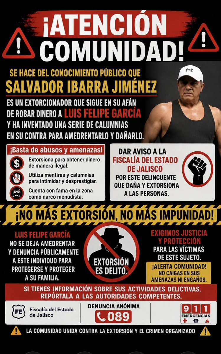 FelipeR92819282's tweet photo. @FiscaliaJal denuncialls a este extorsionador 

Salvador Ibarra Jimenez

Pseudo narcomenudista 
Que extorciona empresarios 

Ya estuvo bueno de tanta impunidad 

Atentamente 

Omar Garcia
Componentes Mineros 
Gerente General https://t.co/3jsyE3i3a6