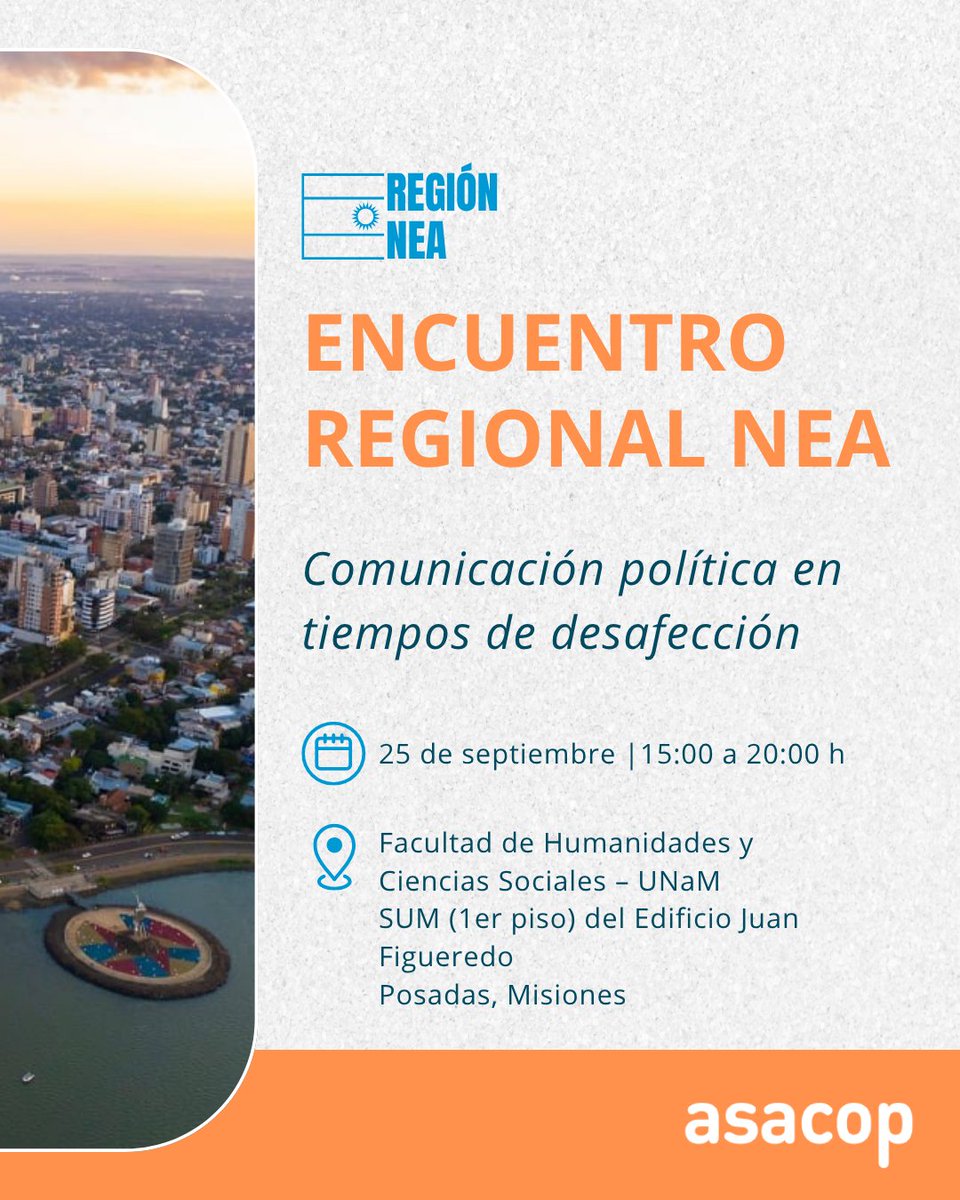 Asacop_arg's tweet photo. Desde ASACOP Región NEA los invitamos a un nuevo encuentro para pensar los desafíos de la política y la comunicación frente a la desafección y la crisis de confianza.

🎙️ Consultores del NEA + invitada internacional @SelvaCastineira

📅 25/9 | @unam_misiones
🎟️ Actividad gratuita https://t.co/0dDbhHjI8f