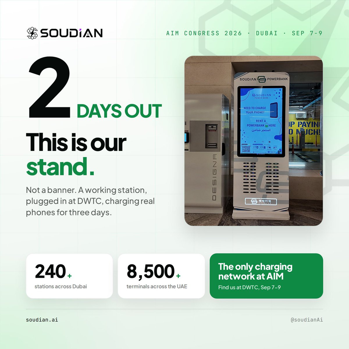 FrankRotr's tweet photo. SouDian is powering the entire AIM Congress 2026 at Dubai World Trade Centre Sep 7-9 🔌 Real DePIN in action. Proud to support @soudianAi #SouDianXAIM` https://t.co/qC9uKcB7Vf
