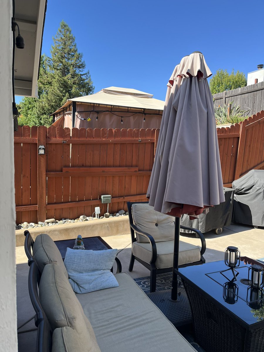 TacoforFive1's tweet photo. My neighbors have decided that the pergola is the best place to smoke pot. Now I can’t even open my windows or my whole house will smell like pot. I asked nicely for them to smoke somewhere else and they said they can do what they want. They’re absolute trash! My backyard used to be my sanctuary. 

This is California!