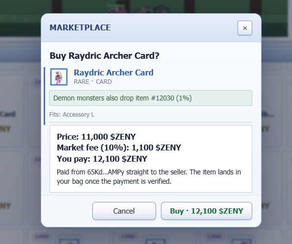 KrackHood's tweet photo. Raydric Archer Card for 11,000 Zeny + 10% market fee? 😅 At 12,100 Zeny total, I’d say it’s only worth buying if you really need it now. Otherwise, I’d wait for a better deal—10% fees hurt when margins are already tight. @IdleROGame https://t.co/ZE93OLkSYp