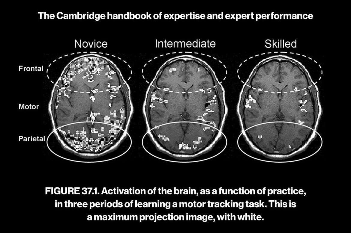 alexeixbt's tweet photo. one of my favorite lessons from neuroscience: what feels like a struggle today becomes automatic tomorrow. the image below shows your brain working less hard at the same task as you get better, sometimes after just a single practice session.

the struggle is temporary. keep going.