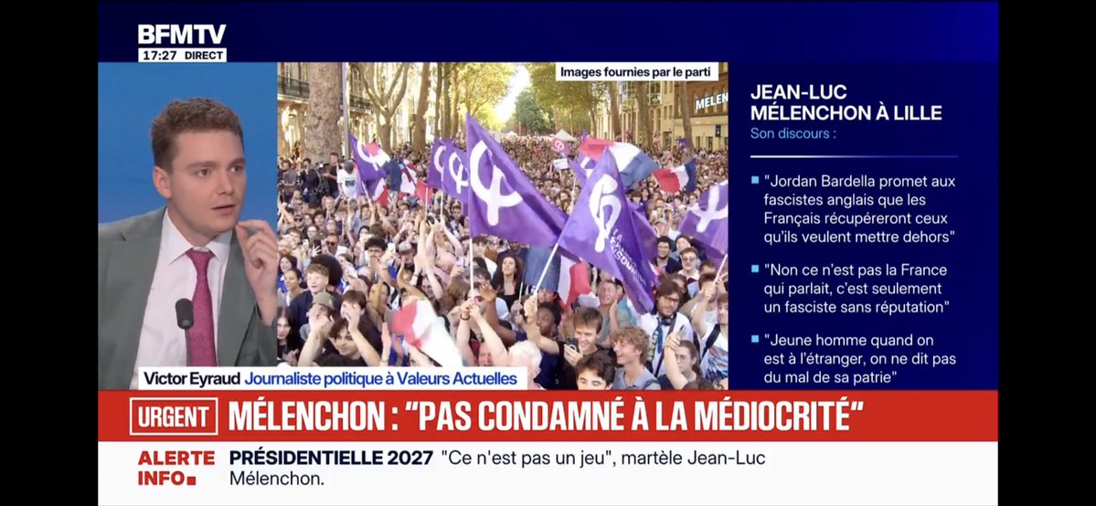 PatChampagnac's tweet photo. Le journaliste politique de Valeurs Actuelles , magazine de la droite extrême, Victor Eyraud invité sur BFM pour commenter le meeting de Jean-Luc Mélenchon à Lilles a accusé ce  dernier de plusieurs mensonges notamment concernant le nombre de congés payés en Allemagne. Dans son discours Jean-Luc Mélenchon parle de 25 jours de congés payés en Allemagne . Faux dit ce journaliste en affirmant que les allemands ne disposent que de 9 jours de congés . Et ça passe sur le plateau de BFM comme un café crème ! Encouragé même par la présentatrice qui affirme avoir vérifié. Ils ont pas honte ! Alors qu'en vérité en Allemagne, le minimum légal de congés payés est de 20 jours par an pour une semaine de 5 jours, ou 24 jours pour une semaine de 6 jours (le samedi étant compté comme un jour ouvrable ).
Les chiffres clés en Allemagne
Minimum légal (BUrlG) : 4 semaines de repos par an (20 jours ouvrés pour un rythme de 5 jours par semaine). 
Moyenne réelle : La plupart des contrats de travail, accords d'entreprise ou conventions collectives accordent plutôt entre 25 et 30 jours de congés par an. 
Il y a vraiment des journalistes qui sont à vomir ! 
#Medias 
#FauxJournalistes