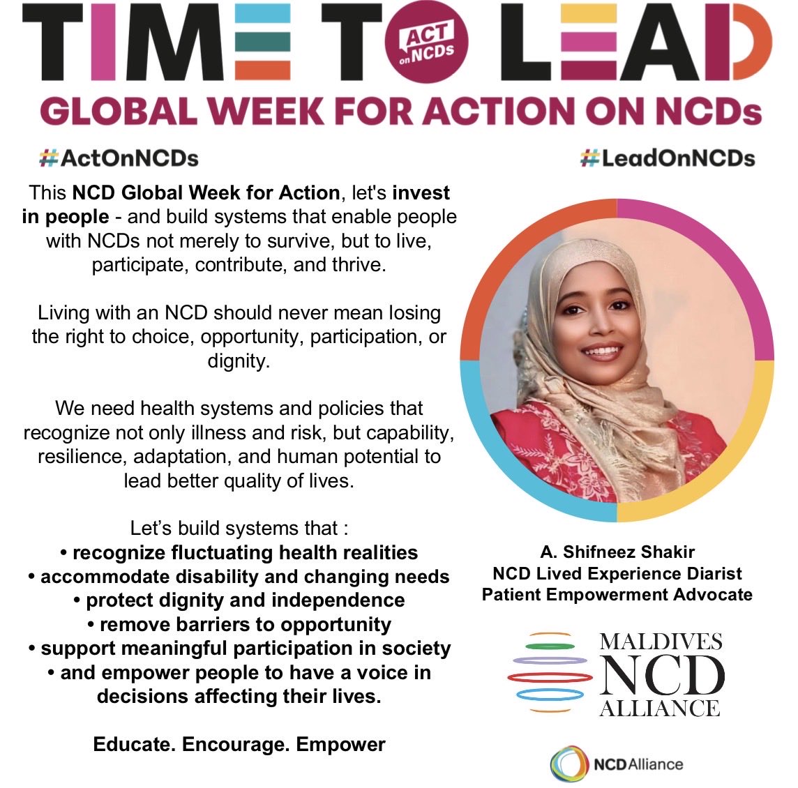 MaldivesNCDA's tweet photo. This NCD Global Week for Action, let's invest in people - and build systems that enable people with NCDs not merely to survive, but to live, participate, contribute, and thrive.
Educate, Encourage, Empower! @sicklecellmv
#ActOnNCDs #LeadOnNCDs https://t.co/eEtCyvGBTe