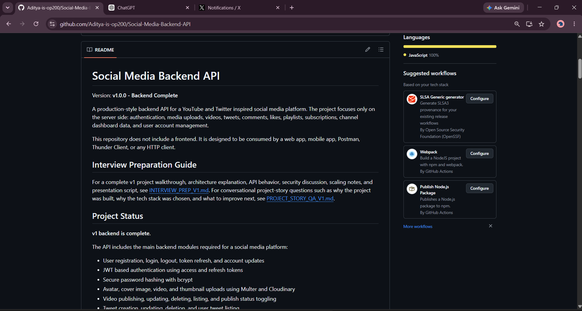 Aditya_codez's tweet photo. 🚀 Day 29 — #RoadToSDE

Completed an end-to-end Social Media Backend API — a Twitter + YouTube combo-style backend! 🔥

Built auth, JWT, tweets, videos, likes, comments, subscriptions, playlists &amp; media uploads.

 Thansks @Hiteshdotcom 
#NodeJS #Backend #JavaScript #RoadToSDE https://t.co/8kNA2udDfN