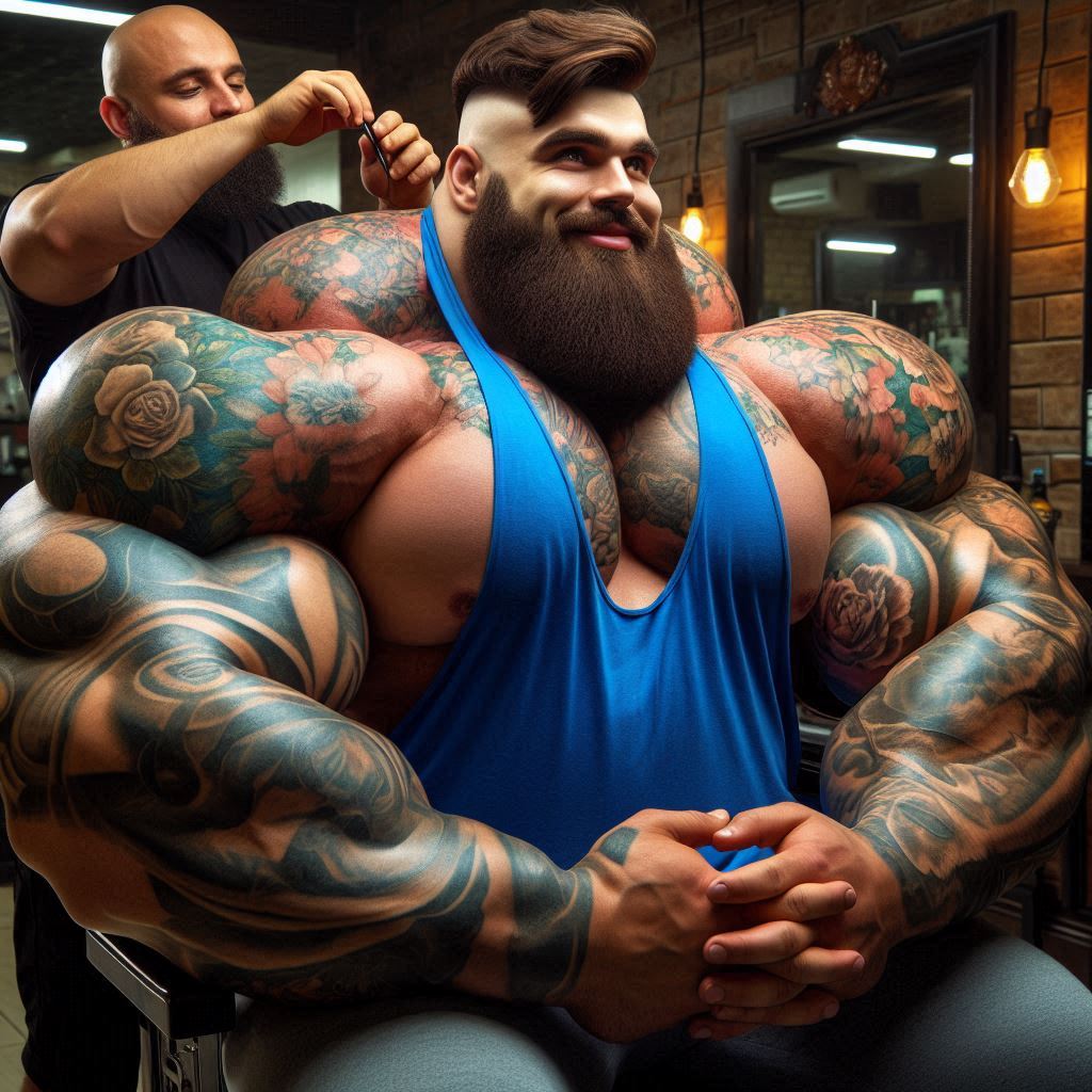 SeanJack8611's tweet photo. There's only one barbershop in town with chairs big enough for these men. #aigenerated #aimuscle #strongman #hugepecs #hugearms #tattoomuscle https://t.co/gGO6sXuX7t
