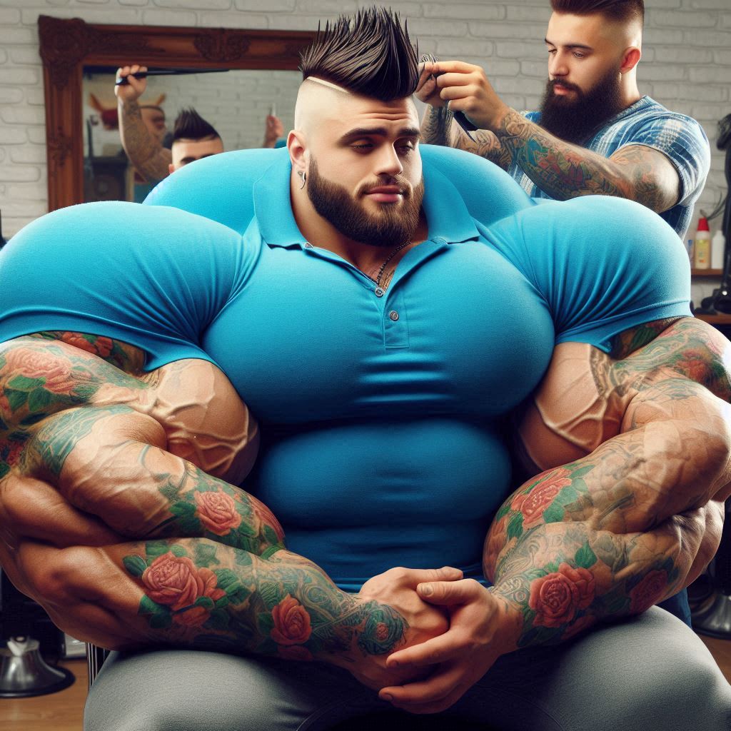 SeanJack8611's tweet photo. There's only one barbershop in town with chairs big enough for these men. #aigenerated #aimuscle #strongman #hugepecs #hugearms #tattoomuscle https://t.co/gGO6sXuX7t