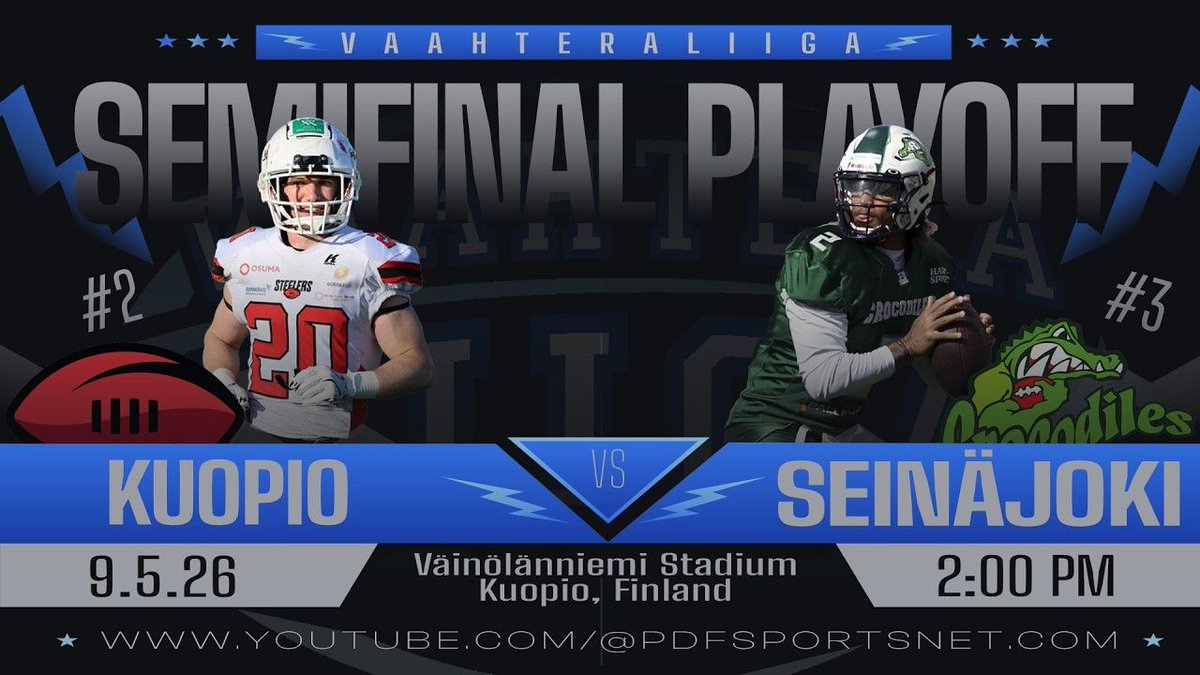 PDFSportsNet's tweet photo. 🏈 LIVE NOW! 🏆️ 
The Maple League Playoffs commence on PDF, as the #3 Seinäjoki Crocodiles take on #2 Kuopio Steelers in Kuopio. Pregame begins now with kickoff scheduled for 2pm. Clock in: https://t.co/4IgdkDj4Ig https://t.co/pduCt7SsaK