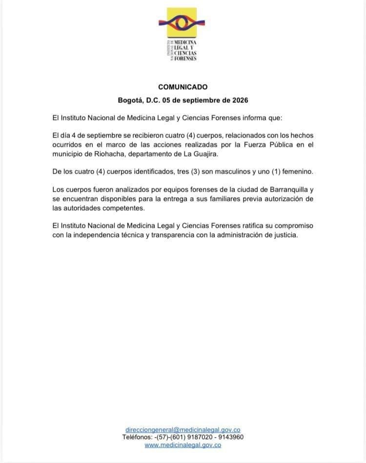 Cartel_Watching's tweet photo. Forensic institute identifies four bodies from Riohacha operation

Colombia’s National Institute of Legal Medicine and Forensic Sciences has confirmed the identification of four people killed during a security-force operation in Riohacha, La Guajira. https://t.co/aR8n3CQgP0