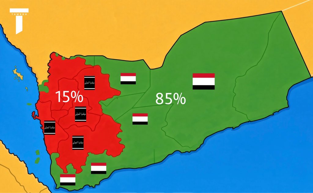 tmrrah9's tweet photo. خريطة السيطرة التقريبية في اليمن 🇾🇪:

🟢الحكومة الشرعية: 85%
🔴ميلشيا الحوثيين: 15% https://t.co/0RN66qtN81