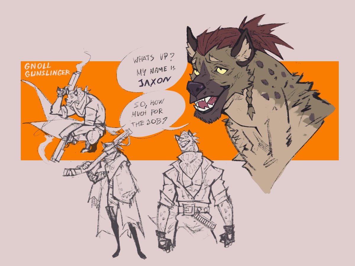 Fausto_XIII's tweet photo. Some concepts for Jaxon redesign: gnoll, gunslinger and “professional” bountyhunter

#conceptart #gnoll #dnd #characterdesign #sketchbook https://t.co/mSc5YnRHaX