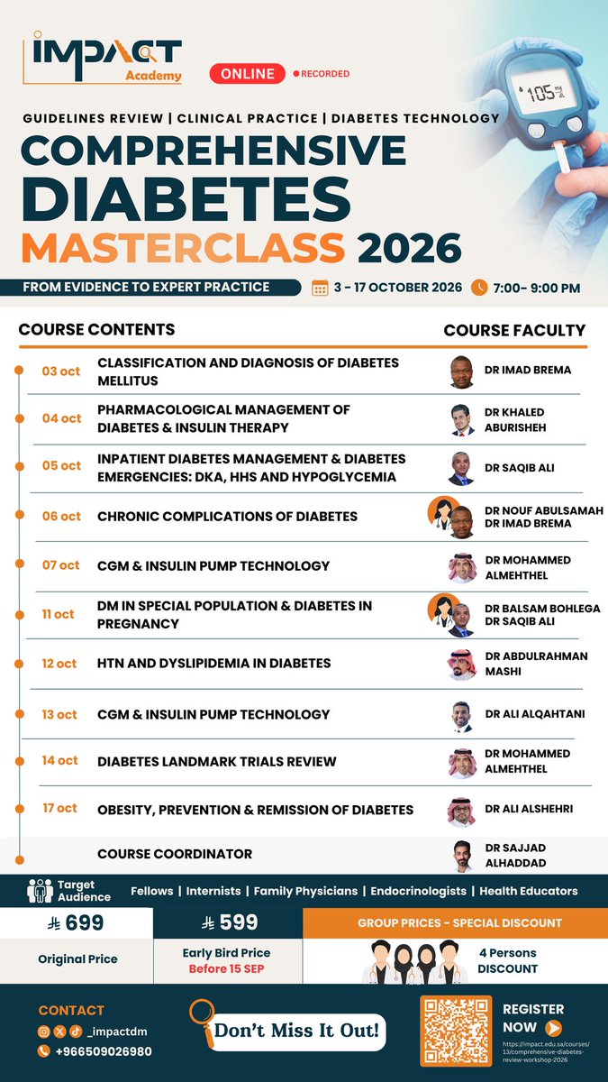 _impactdm's tweet photo. 🩺 Comprehensive Diabetes Masterclass 2026

From evidence to expert practice 🧠

📅 Oct 3–17, 2026
💻 Online | Recorded
🕖 7–9 PM

✨ Updated guidelines • Clinical practice • Diabetes technology

🎓 Register now ⬇️🌟
🔗 https://t.co/Te7noi4Jm3 https://t.co/ZflPBFxva5