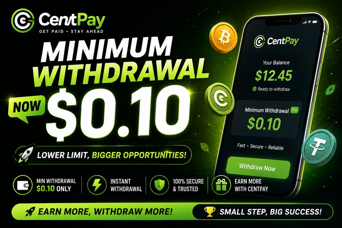 CentPaay's tweet photo. CentPay Minimum Withdrawal is NOW $0.10 💰

Yes, you read that right! 🎉
You can now withdraw your earnings starting from just $0.10.

💵 Minimum Withdrawal: $0.10
⚡ Fast &amp; Easy Withdrawals
🔒 Secure &amp; Reliable
🎁 Keep Earning &amp; Keep Growing

#CentPay #EarnCrypto #Withdraw #USDT https://t.co/tLNzqrksRb
