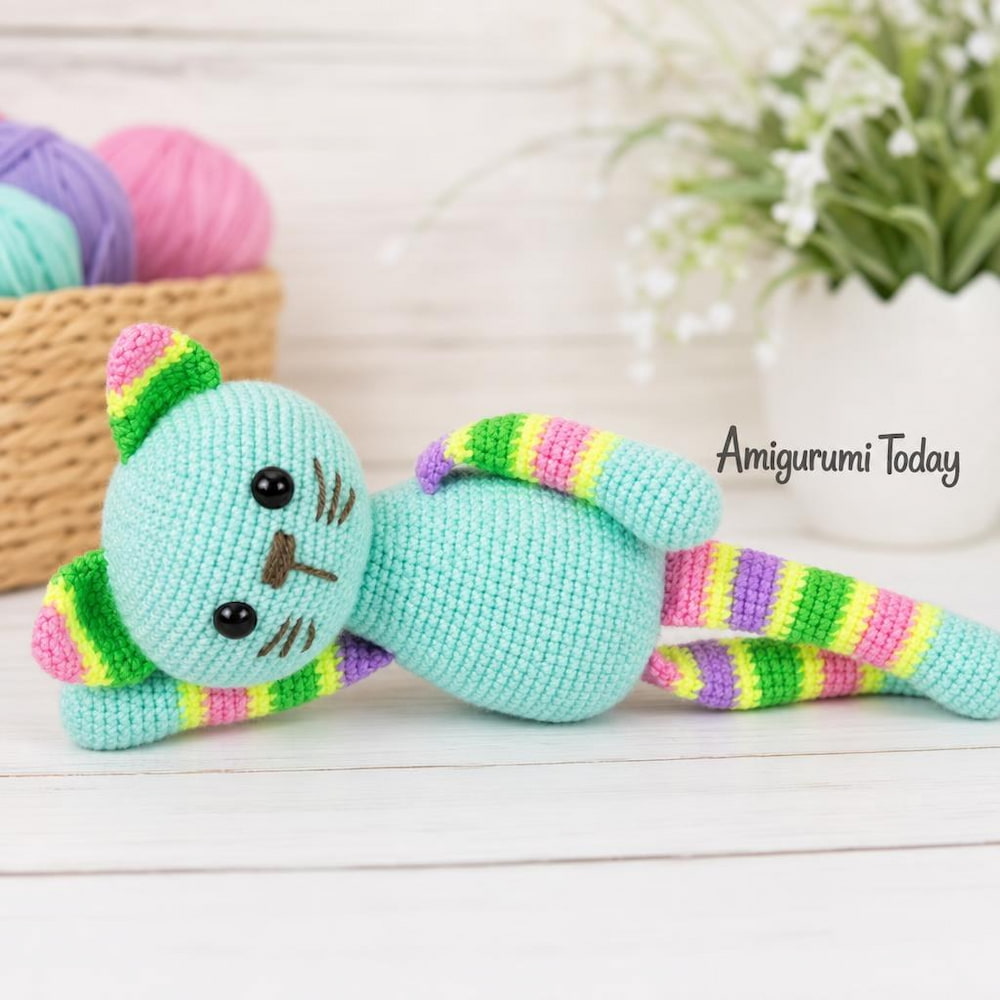 AmigurumiToday's tweet photo. Crochet this dreamy stripy cat in bold aqua, pink, lilac, green, and neon yellow stripes. A beginner-friendly make that is totally gift-worthy. View the full pattern 👇
➡️ https://t.co/sjxDntXFFd
#crochetpattern #crocheting #freecrochetpatterns #freecrochetpattern #amigurumi https://t.co/7R2EW1J5IU