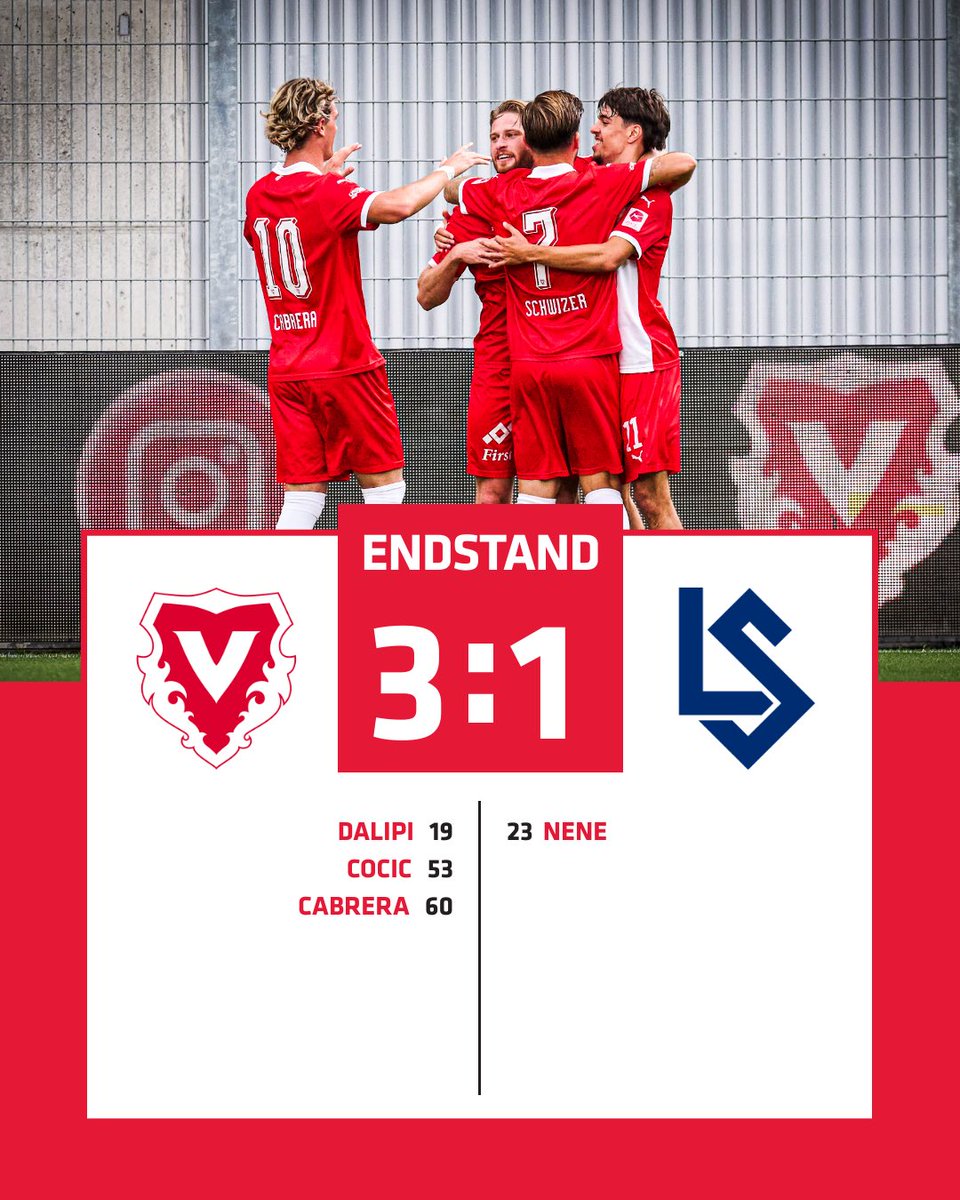 VaduzFC's tweet photo. 𝗛𝗘𝗜𝗠𝗦𝗜𝗜𝗘𝗘𝗘𝗘𝗘𝗘𝗚!! 👏  Wir gewinnen das Heimspiel gegen den FC Lausanne-Sport verdient mit 3:1-Toren und dürfen uns über den nächsten Vollerfolg freuen. Dalipi, Cocic und Cabrera trafen dabei für rot-weiss.  𝗛𝗢𝗣𝗣 𝗩𝗔𝗗𝗢𝗭!  #hoppvadoz #supportFCV #fcvaduz https://t.co/wpBIMqVHLK