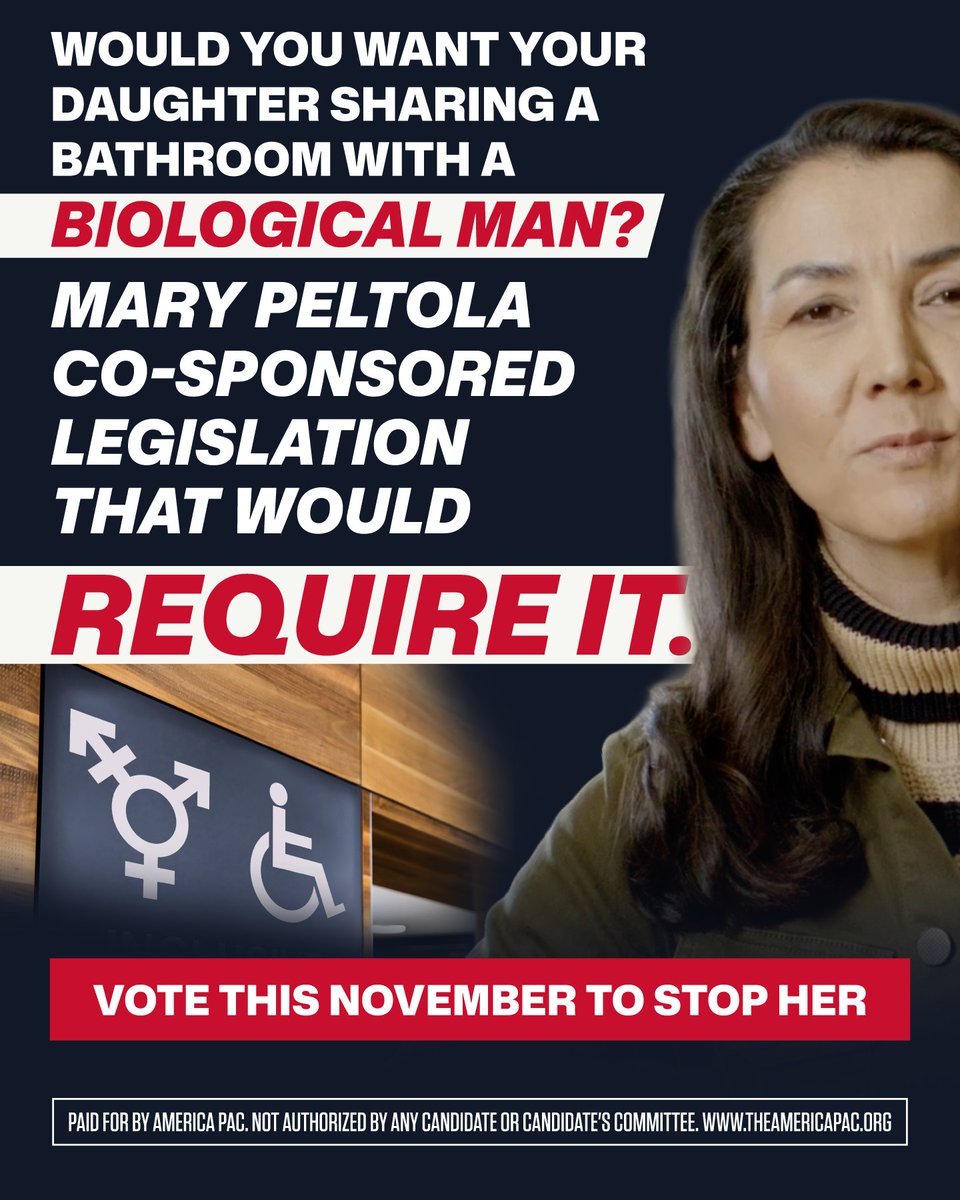 america's tweet photo. Would you want your daughter to share a bathroom with a biological man? Mary Peltola co-sponsored legislation to require it. It’s up to YOU to help reject her this November.