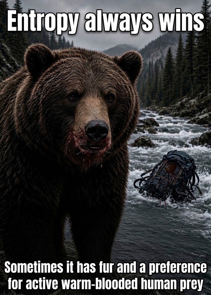 darkhumour2026's tweet photo. Beautiful views, but the local wildlife takes the concept of room service way too literally.

#BearSaturday
​#BearlyAlive
​#NaturalSelectionAtWork
​#HikingInTheFoodChain
​#ApexPredatorProblems
​#SecondLawOfThermodynamics
​#LeftTheBackpackBehind
​#CircleOfLifeGotReal https://t.co/Iqin4ZLHg7