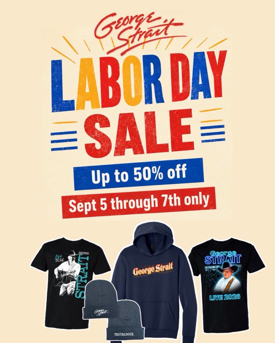 DmsGeorgeStrait's tweet photo. Celebrate #LaborDay with your favorite George Strait merch, now on sale through Sept. 7th! 🤠

Check out the link in my main account. https://t.co/ItIqZuZNKI