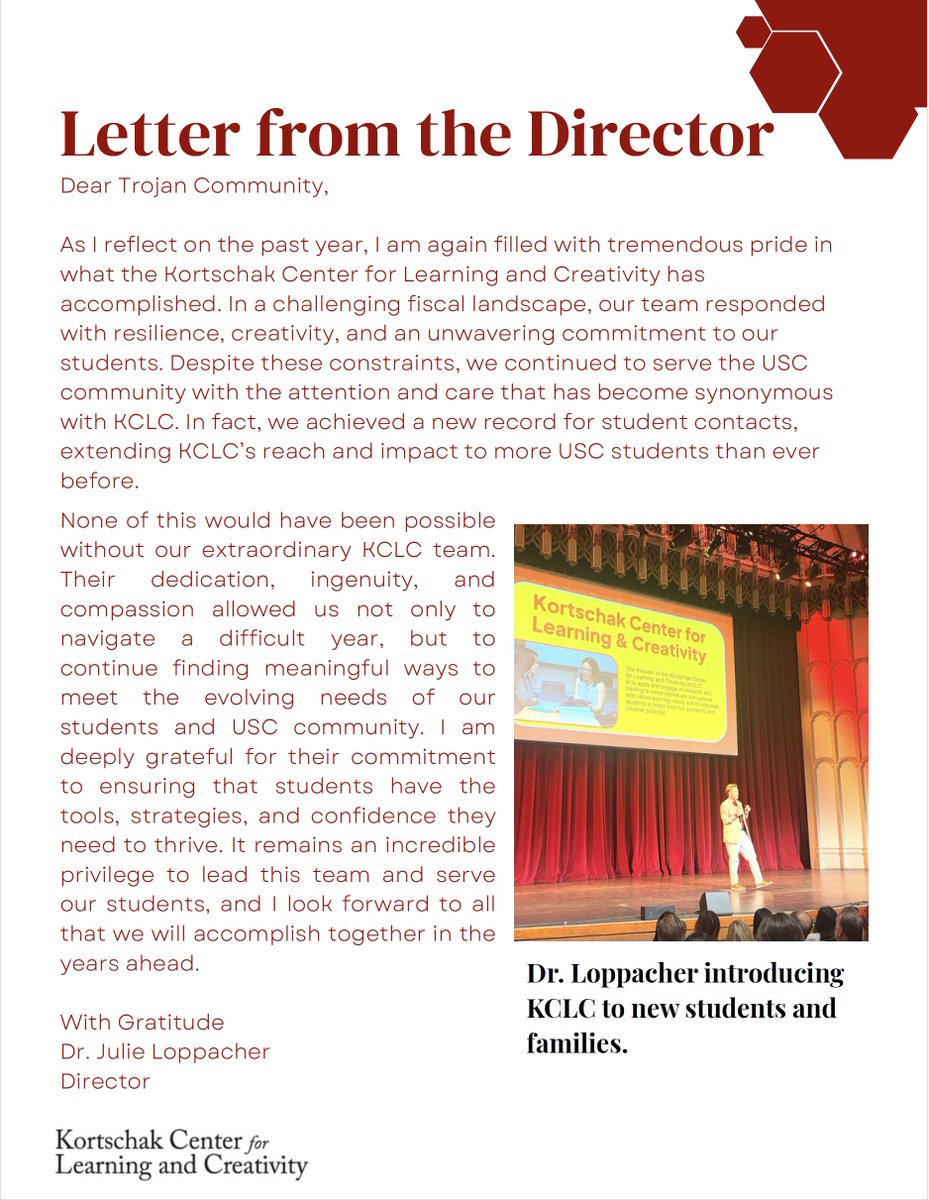 wkortschak's tweet photo. Approaching 10,000 student contacts this year, the @USC Kortschak Center for Learning and Creativity (@KortschakCenter) continues to redefine neurodiverse student support by pairing elite clinical training with forward-looking academic strategy. From pioneering a campus-wide AI learning tool to launching its inaugural Faculty Fellowship, KCLC is proving how research-driven, multi-tiered support empowers every unique learner to thrive. #USC