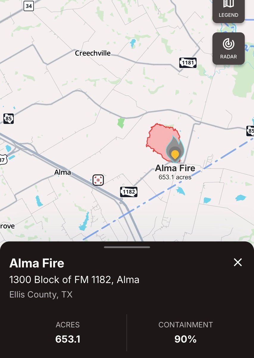 TxStormChasers's tweet photo. The #AlmaFire, which started yesterday in Ellis County, is now up to 90% containment. It burned 653.1 acres near FM-1182 east of Alma.

Map: WatchDuty / Data: Texas A&amp;M Forest Service https://t.co/KbSoI23YgA