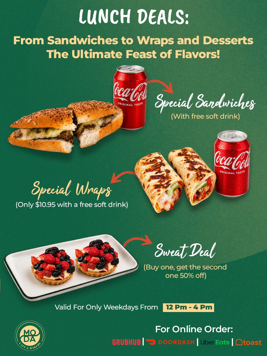modacafetx's tweet photo. Make your weekday lunch break more delicious with Moda Café &amp; Bakery!🥪

Enjoy special sandwiches, grilled wraps,and sweet dessert offers available weekdays from 12 PM–4 PM.

🥤 Free soft drink with selected lunch specials
🍰 Buy one dessert, get the second 50% off

#LunchDeals https://t.co/ElNNZViooh