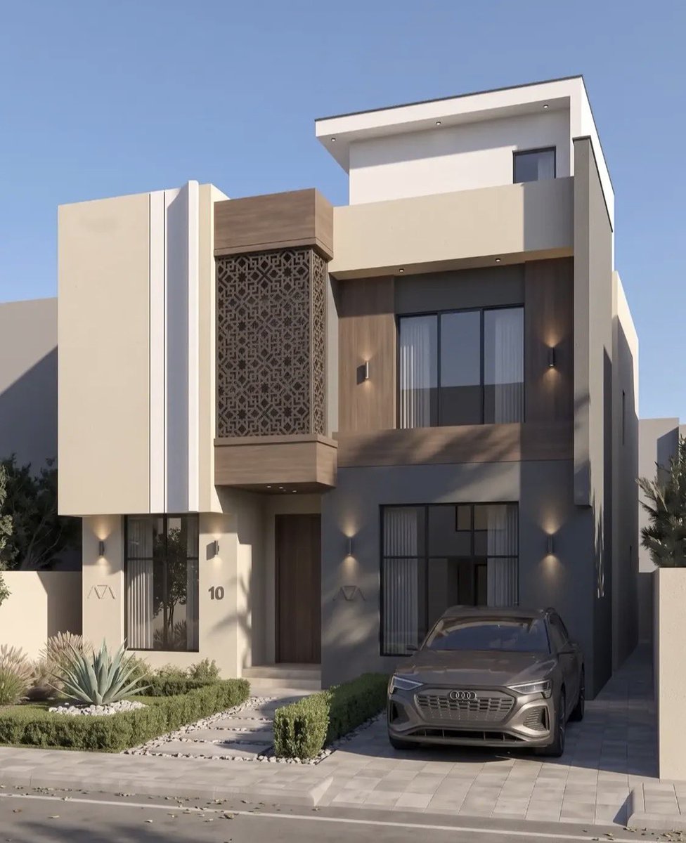 bhaaudin's tweet photo. تجمع واجهات التصميم المودرن المدمجة بتكسيات الكلادينج وقص الليزر (CNC) بين فخامة المواد المعاصرة والدقة الهندسية الرقمية لتمنح المباني مظهراً ريادياً وأنيقاً. يعتمد هذا الأسلوب على دمج ألواح الكلادينج المصنوعة من الألومنيوم المعالج مع ألواح معدنية منقوشة بالليزر لإنشاء تفاصيل معمارية بارزة