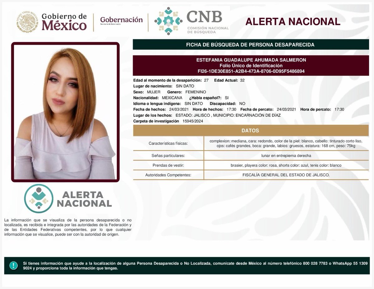 AAMBER_JAL's tweet photo. Solicitamos su apoyo para localización de persona

Alerta Amber Jalisco y @FiscaliaJal en coordinación con  @Busqueda_MX solicitan su apoyo para la difusión de la cédula informativa con el objetivo de localizar a

ESTEFANIA GUADALUPE AHUMADA SALMERON https://t.co/pcTADBsgDV