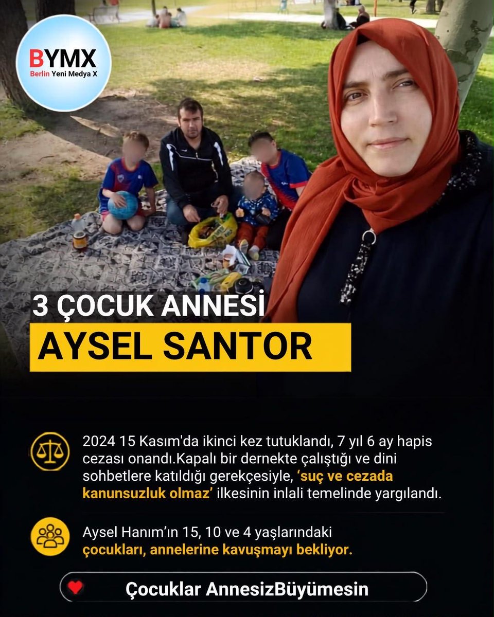 berlinYMX's tweet photo. 🔶3 çocuk annesi Aysel Santor, çocuklarına kavuşmayı bekliyor.

15 Kasım 2024’te ikinci kez tutuklanan Aysel Santor hakkında verilen 7 yıl 6 aylık hapis cezası onandı.

15, 10 ve 4 yaşındaki üç çocuğu ise annelerinin yolunu gözlüyor.

Çocuklar AnnesizBüyümesin

#FBvBJK https://t.co/qrmlIIETrm